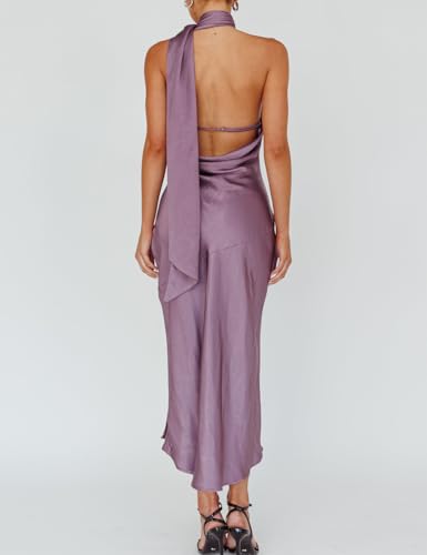 Sexy Satin Backless Halter Wedding Guest Dresses for Women Sleeveless Elegant Cowl Back Slit Midi Cocktail Dress Evening Gown2