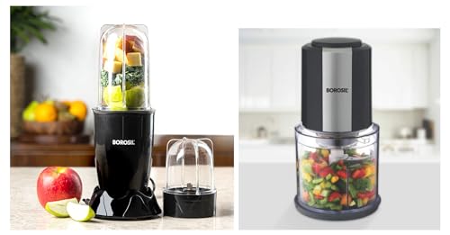 Borosil NutriFresh PB31 Portable Mini-Blender & Grinder, Black, 400 W & Borosil Chef Delite BCH20DBB21 300-Watt Chopper (Black)