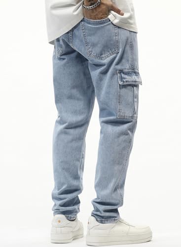 Image of JMIERR Men's Elastic Waist Cargo Jeans Stretch Denim Pants with Drawstring Relaxed Fit for Casual Daily Wear