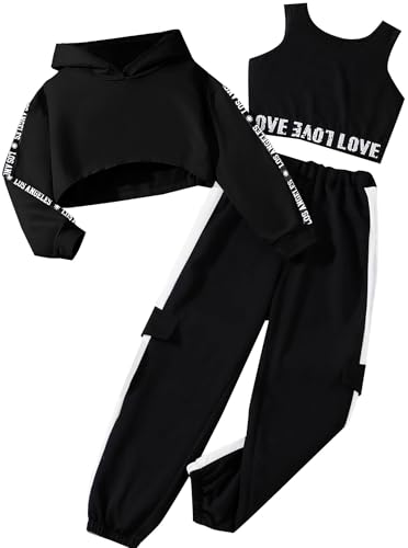 Hilinker Girls Graphic 3 Piece Outfits Workout Hoodie Crop Tank and Sweatpants Set