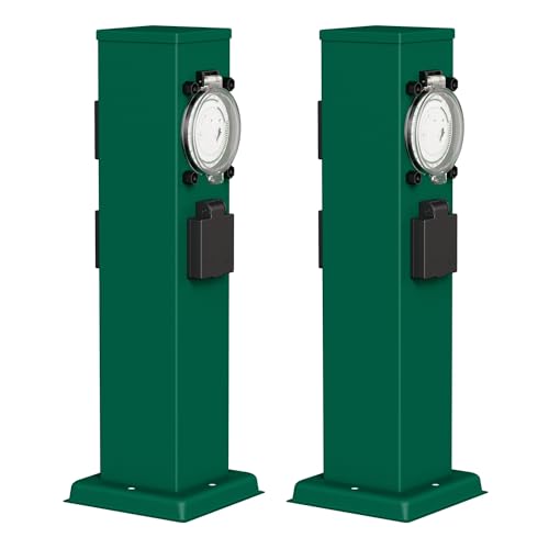 ledscom.de 2 Tomas de jardín Columna Polly para Exterior, IP44, Temporizador/Reloj, 3 vías, Acero Inoxidable, Verde, Cuadrada, 40 cm