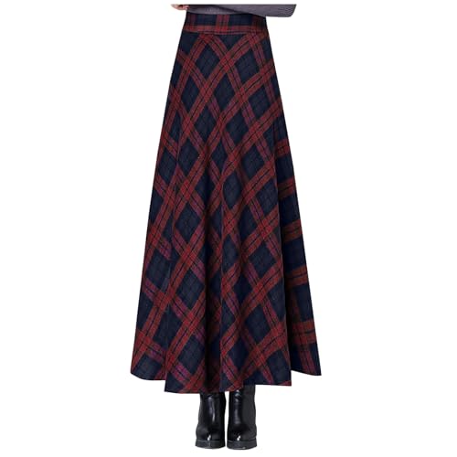 Falda larga vintage a cuadros para mujer, casual, cintura alta, con bolsillo, retro, a cuadros, acampanada, para otoño, invierno, primavera, liquidación, rosso, S
