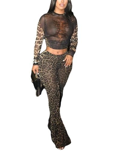 Ophestin Sexy Two Piece Club Outfits for Women Print Mesh See Through Long Sleeve Top Flared Bodycon Pants Set Leopard S