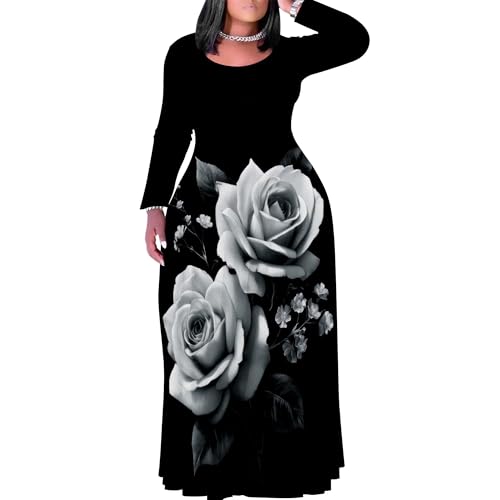 Image of PinkPatty Plus Size Maxi Dress for Curvy Women Crew Neck Long Sleeves Casual Dress Vacation Sundresses with Pockets
