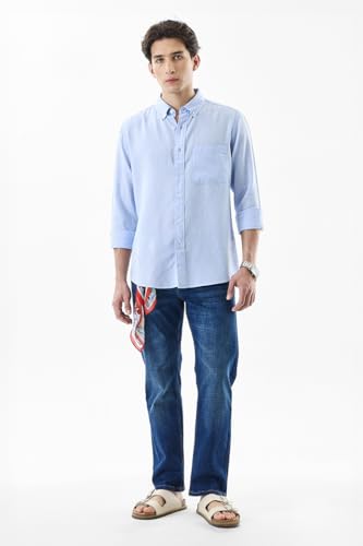 Image of SNITCH Men Casual Shirt | Regular Fit Full Sleeve Button-Down Collar Solid Pattern | Premium Linen Blend & Breathable Fabric for Everyday & Office Wear