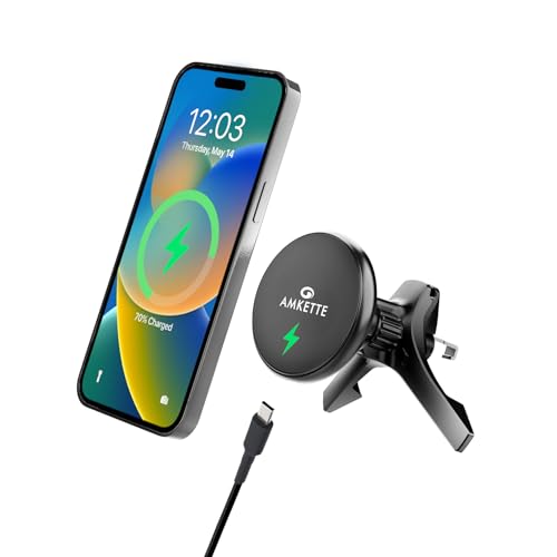 Amkette iGrip Car Wireless Charger with Ultra Stable Air Vent, Hook & Clamp Design, 15W MagSafe Compatible, Magnetic Mobile Holder for Car | MagSafe Ring for Wireless Charging Smartphones Amkette iGrip Car Wireless Charger with Ultra Stable Air Vent, Hook & Clamp Design, 15W MagSafe Compatible, Magnetic Mobile Holder for Car | MagSafe Ring for Wireless Charging Smartphones