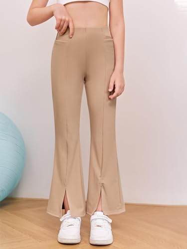Image of Haloumoning Girls Kids Elastic Waist Ribbed Flare Split Bottom Pants Stretch Casual Long Pants(5-14Y) Khaki