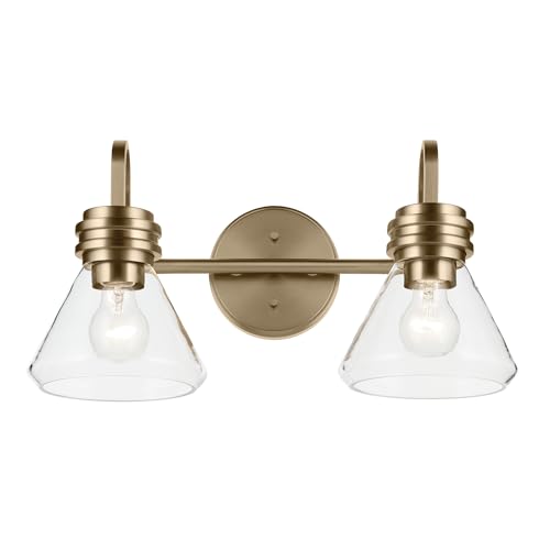 Image of Kichler Farum 19.25 inch 2-Light Bathroom Vanity Light Fixture with Clear Glass in Champagne Bronze for Vanity Mirror, Jack & Jill Layout, Over Mirror (19.25 inch W x 9.5 inch H), 55154CPZCLR