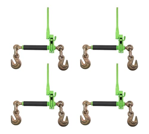 Image of 4 Pack 3 /8 inch-1 /2 inch Hi-Viz Green Heavy Duty Folding Handle Ratchet Load Binder w /Grab Hook 12,000 lbs WLL | Tie Down Hauling Chain Binders for Flatbed Truck Trailer