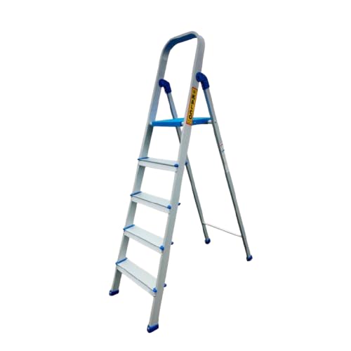 Image of Kalco 4 Step Ladder, Aluminium, Foldable, Home Use, Silver with Blue 4 Step Aluminium Ladder, Foldable and Flat Steps, Top Handle and Top Plastic Plate (Model: K-7026 in Lite)