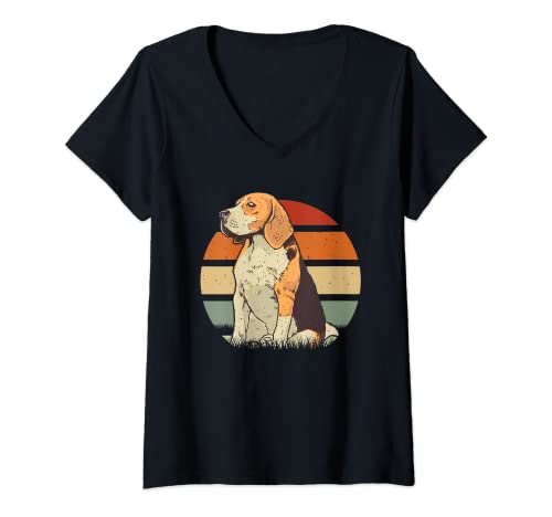 Mujer Beagle Retro Sunset Dog Pet Camiseta Cuello V