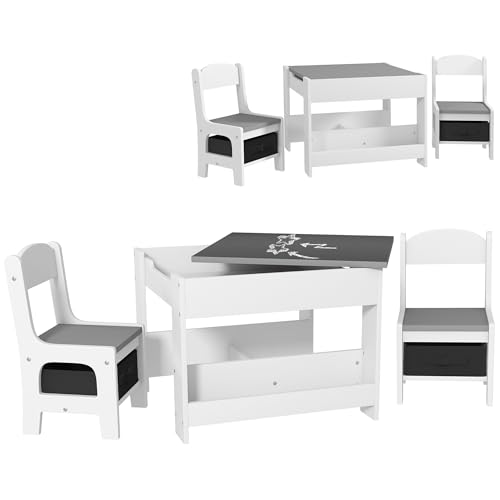 HOMCOM Juego de Mesa y 2 Sillas Infantiles Mesa con Sillas para Niños 2 en 1 con Pizarra Cajones de Tela y Espacio de Almacenamiento para Guardería Sala de Juegos Blanco y Gris