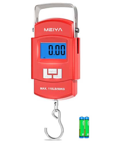 MEIYA Fish Scale 110lb Portable Luggage Scale Travel Digital Hanging Scale with Hook, Fishing Gifts for Men, Weighing Tool for Suitcases & Fish, Includes 2 AAA Batteries, Backlit LCD Display (Red)
