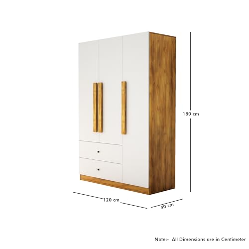 Image of Bniture Wooden Almirah for Clothes, Door for Bedroom, 3 Door Wardrobes with 2 Drawer & Hanging Space (40D x 120W x 180H CM) | 3 Year Warranty (Giant Wood & Frosty White)