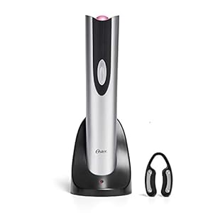 Oster Electric Wine Opener and Foil Cutter Kit with CorkScrew and Charging Base, Silver