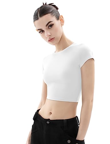 PUMIEY Women's Short Sleeve Crop Tops Crew Neck T Shirt Sexy Tee Smoke Cloud Collection - Image 4