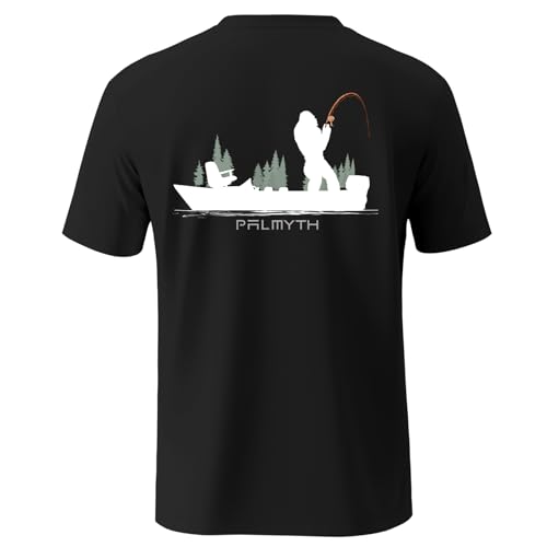 Palmyth Men's Fishing Shirt Short Sleeve T-Shirt Sun Protection UV UPF 50+ Tee Black Bigfoot Boat Large