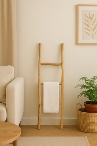 Biscottini Scaletta porta asciugamani bagno 108x32x3 - Scala Decorativa in Legno - Scaletta legno appendi asciugamani - Scala portasciugamani - Scaletta portasciugamani da parete Metallo, Bambu