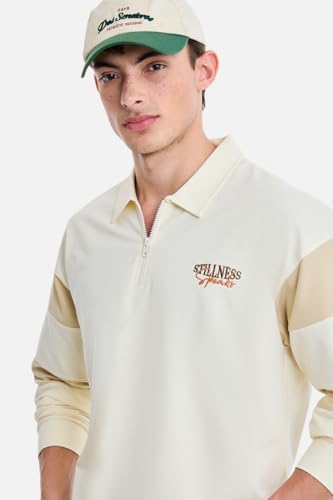 Image of SNITCH Men Relaxed Fit Quarter-Zip Graphic Printed Sweatshirt | Embroidered Chest Logo & Back Print Streetwear Top | Cotton Blend Jersey Knit Stretch Casual Winter Wear
