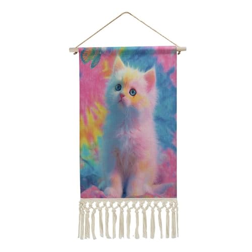Jubonexis Arazzo da parete in lino, grazioso gattino colorato con farfalla volante, poster da parete vintage con nappa e asta in legno