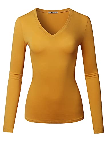 STARJJ Camiseta básica de algodón elástico para mujer, cuello en V y cuello redondo, manga larga (S-2XL), Jtl001_mostaza, M