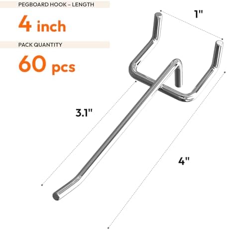 60팩 금속 페그보드 후크, 10.2cm(4인치), 0.6cm(0.25인치) 및 0.3cm(0.1인치) 페그 보드에 적합 — 사진 2