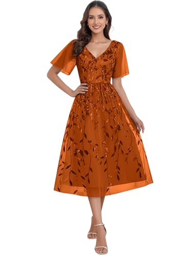 Chiffon Mother of The Bride Dress Sequin Embroidery Tea Length V-Neck Formal Evening Gown with Ruffle Sleeve