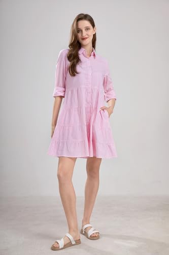 Image of utcoco Womens Striped Button Down Midi Shirt Dress Casual Loose Cuffed Long Sleeve Mid Long Dresses