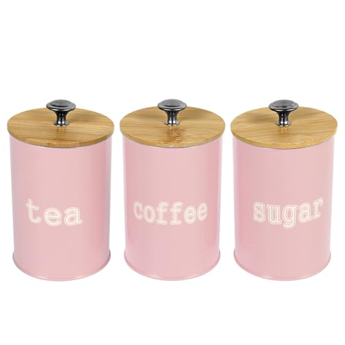 Lot de 3 boîtes à café, à sucre, à thé, avec housse en bambou, hermétique, en métal, avec étiquette, pour thé, sucre, café (rose)