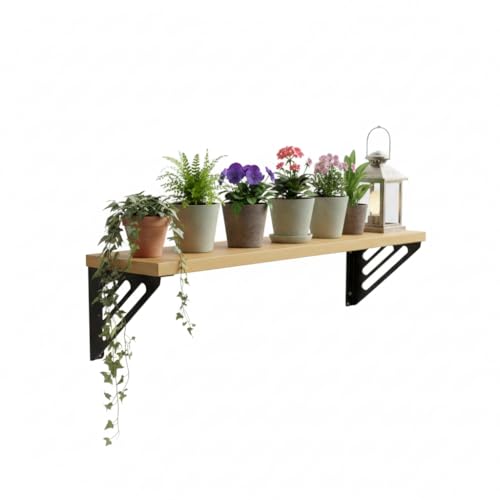 Image of Wall Shelf with Wooden Top Black|White Iron Brackets Storage Rack|Industrial Wall-Mounted Floating Shelf for Living Room,Kitchen,Bathroom (Black Lines Large)
