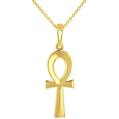 Solid 14k Yellow Gold Plain and Simple Egyptian Ankh Cross Pendant with Chain Necklace, 16'