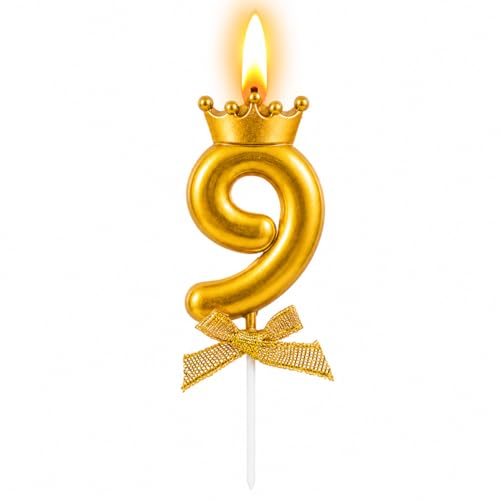 Image of Number 9 Unscented Candle with Crown for Birthday, Wedding, Engagement, Valentines Day Celebration, Bachelorette Cake Topper for Decoration 1 pc, Gold