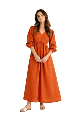 Burnt Orange Linen Maxi Dress for Women – V Neck