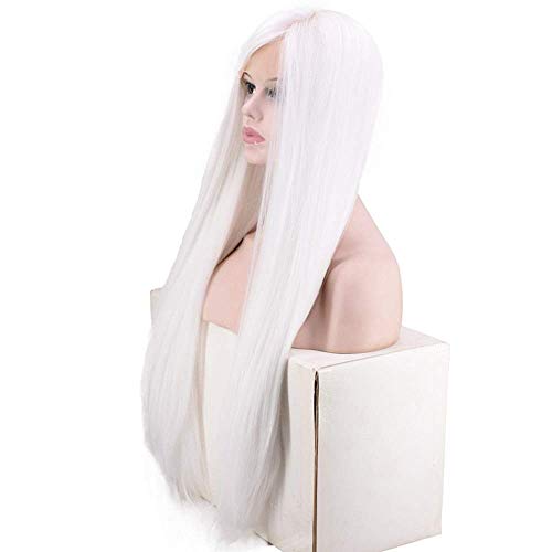 Perruque blanche dentelle frontale tissée main cheveux longs raides synthétiques - 4