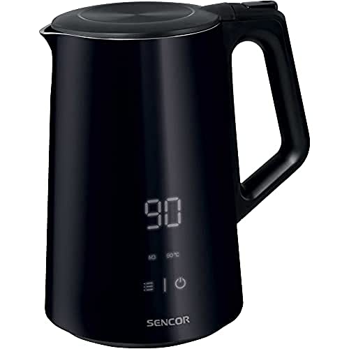 Sencor Bollitore Elettrico Nero Potente, Cool Touch, Anti-Bruciatura, Senza BPA - Bollitore Elettrico Temperatura Regolabile, Display LED, 1.5L, Acciaio Inossidabile, 2200W, Mantenimento Calore