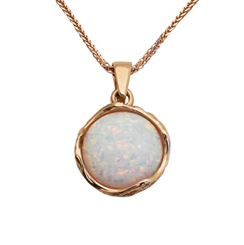 14K Gold Vintage Style White Opal Pendant - 14K Solid Rose Gold Round Gem Stone Necklace, October Libra Birthstone Bridal White Gemstone Jewelry, Handmade Wedding Jewelry - Gift for Women