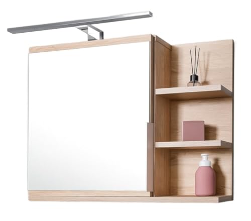 FreshYou Spiegelschrank 60x50 Sonoma Eiche, Badezimmerschrank mit Ablagen, Badezimmerspiegel, Hängeschrank LED Lampe - Recht