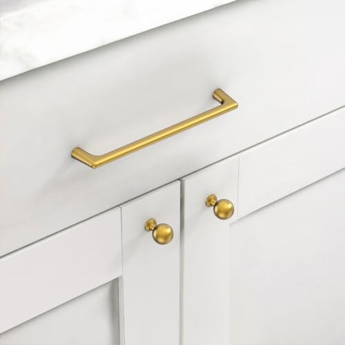 Image of Asidrama 10 Pack 5 Inch(128mm) Vibrant Brushed Moderne Brass Cabinet Pulls Heavy-Duty Solid Kitchen Cabinet Handles Drawer Hardware for Bathrooms Cabinets 3307