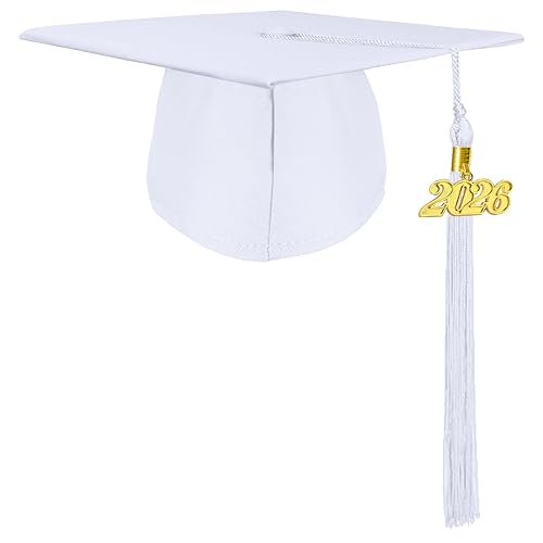 Grad HAGO Unisex Adult Graduation Cap with 2026 and 2025 Tassel Year Charm for High School & Bachelor Master White