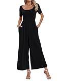 Nfsion Womens Summer Casual One Piece Jumpsuits Short Sleeve Square Neck Wide Leg Rompers Dressy with Pockets 2025 Outfits Small Black