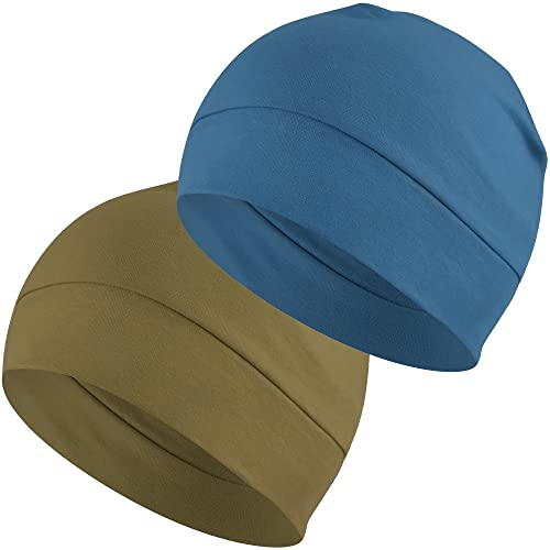 Headshion Cotton Skull Caps for Men Women,2-Pack Lightweight Beanie Sleep Hats Breathable Helmet Liner, Blue & Green, One size