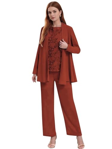 3 Piece Mother of The Bride Pantsuits for Wedding Chiffon Lace Beaded Sparkly Formal Evening Gown with Jacket Outfit