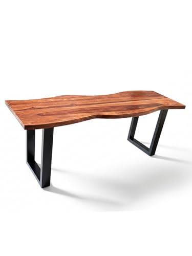 Image of Modern Coffee Table for Living Room | Sheesham Wood Center Table with Natural Edge Top | Wooden Leg Cocktail Table | Contemporary Tea Table Furniture for Home, Lounge & Apartment | Light Walnut