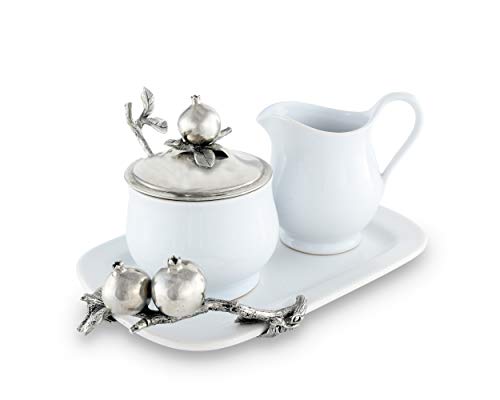 Vagabond House Pewter Pomegranate Stoneware Creamer 5 Pieces creamer pitcher, lidded sugar bowl, decorative handle sugar spoon Symbol for Righteousness Tray for Coffee and Tea 12.25 inch Long Tray