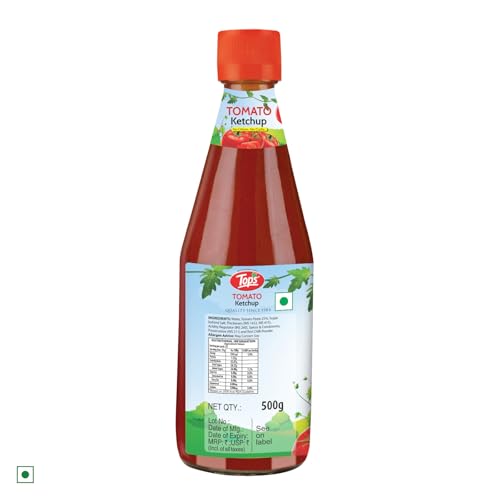 Image of TOPS Tomato Ketchup No Onion No Garlic- 500 gm Glass Bottle|Made with the Goodness of Juicy Hand-Picked Tomatoes | No Added Colour & Flavour. (Pack of 2)