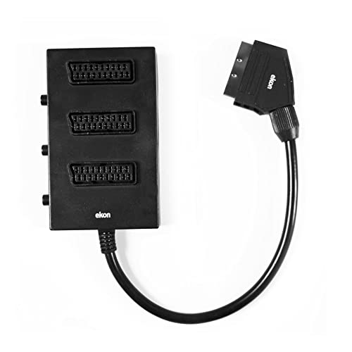 Un prodotto di colore nero ekon sdoppiatore splitter Scart, 3 prese scart, cavo scart da 25 cm, scart 21 pin, ideale per TV, smart tv, decoder, digitale terrestre, DVD, Blue-Ray, VHS