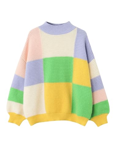 WDIRARA Women's Plus Size Plaid Mock Neck Drop Shoulder Sweater Color Block Long Sleeve Knit Tops Pullovers