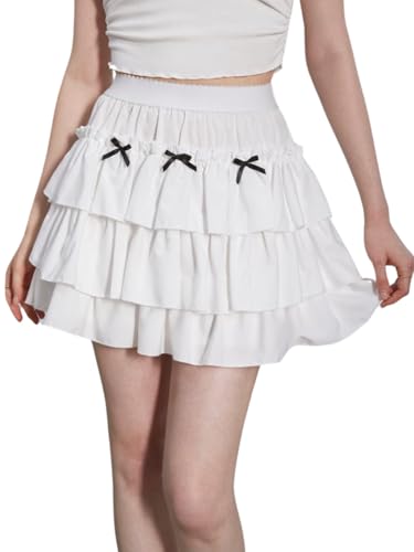 Verdusa Women's Y2K Ruffle Hem Elastic Waist Tiered Layered Flowy Bow Tie Mini Skirts