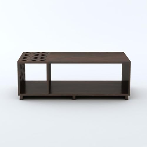 Image of MAMTA DECORATION Solid Sheesham Wood Coffee Table for Living Room | Wooden Center Table with Open Shelf Storage for Home, Hall & Lounge | Modern Tea Table with Decorative Cutwork Design |Walnut Finish