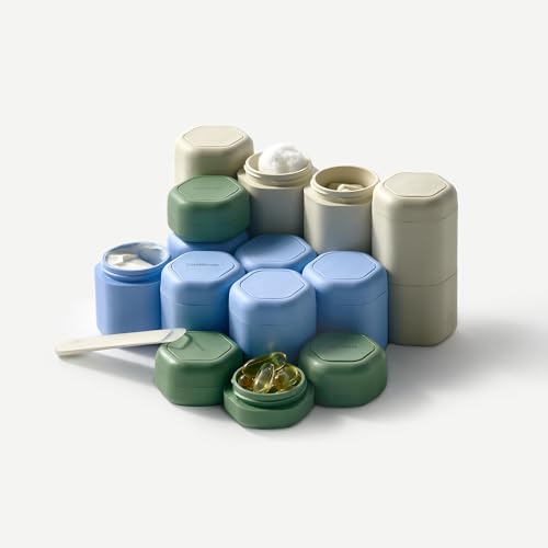 Cadence Travel Containers Basic Skincare Set - Magnetic Containers with Lids,Carry On Travel Essentials For Women/Men - 3 Small Capsules (0.56oz) - Cleanser, Moisturizer & Sun-Icon Labels - Pacific